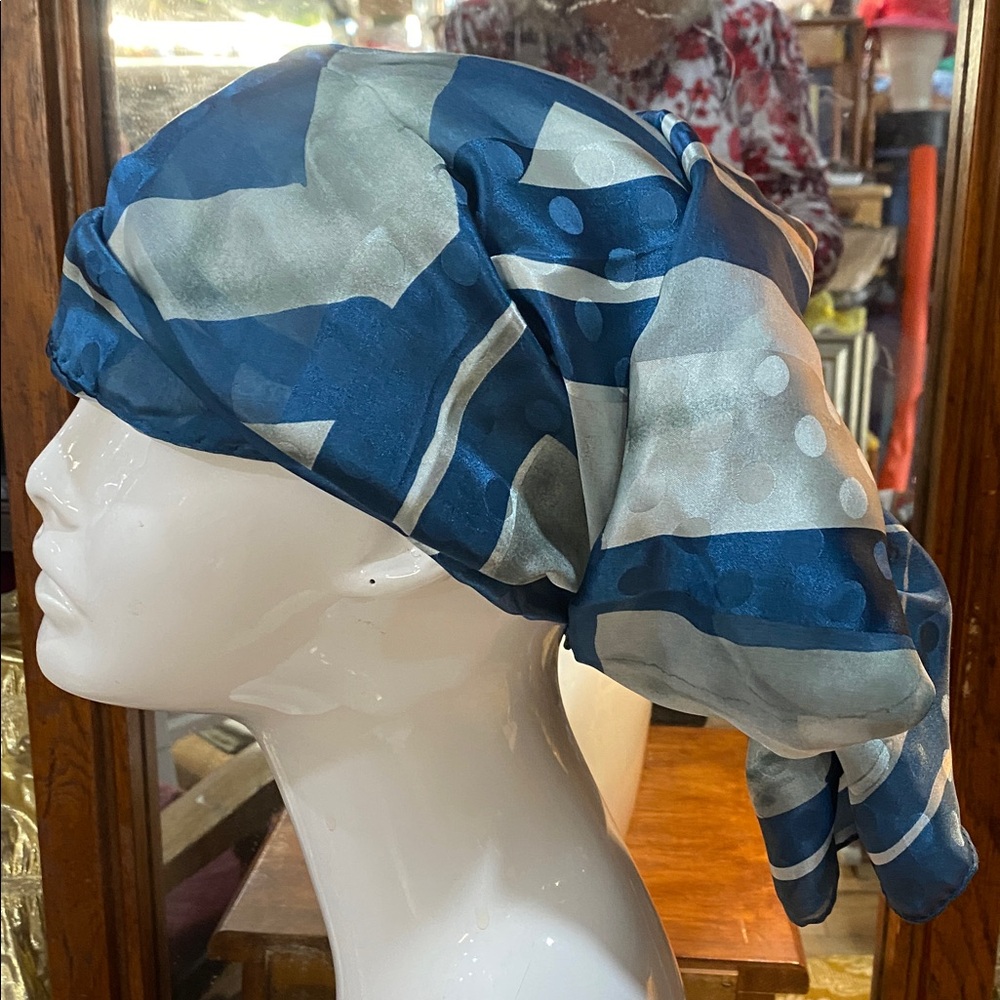 Blue and White Geometric Silk Scarf 34 x 34 100% Silk NWOTs - Picture 2 of 6